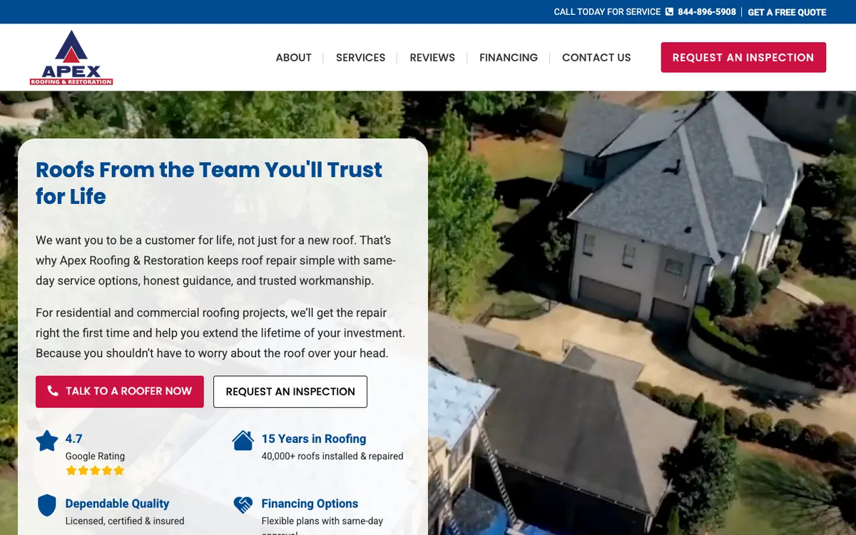 Homepage of Apex Roofing & Restoration, Birmingham, Alabama, above the fold on a desktop screen