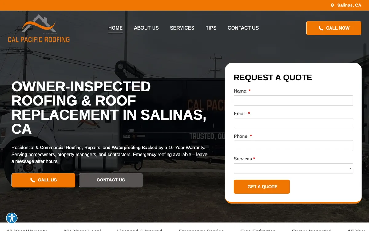 Homepage of Cal Pacific Roofing, Salinas, California, above the fold on a desktop screen