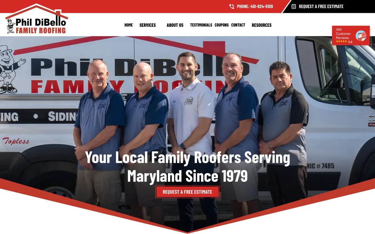 Homepage of Phil DiBello Family Roofing, Baltimore, Maryland, above the fold on a desktop screen