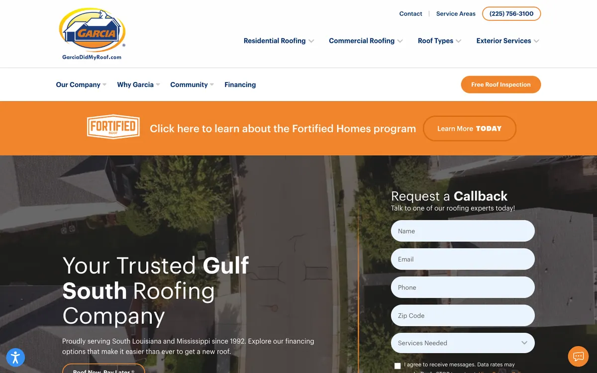 Homepage of Garcia Roofing, Baton Rouge, Louisiana, above the fold on a desktop screen