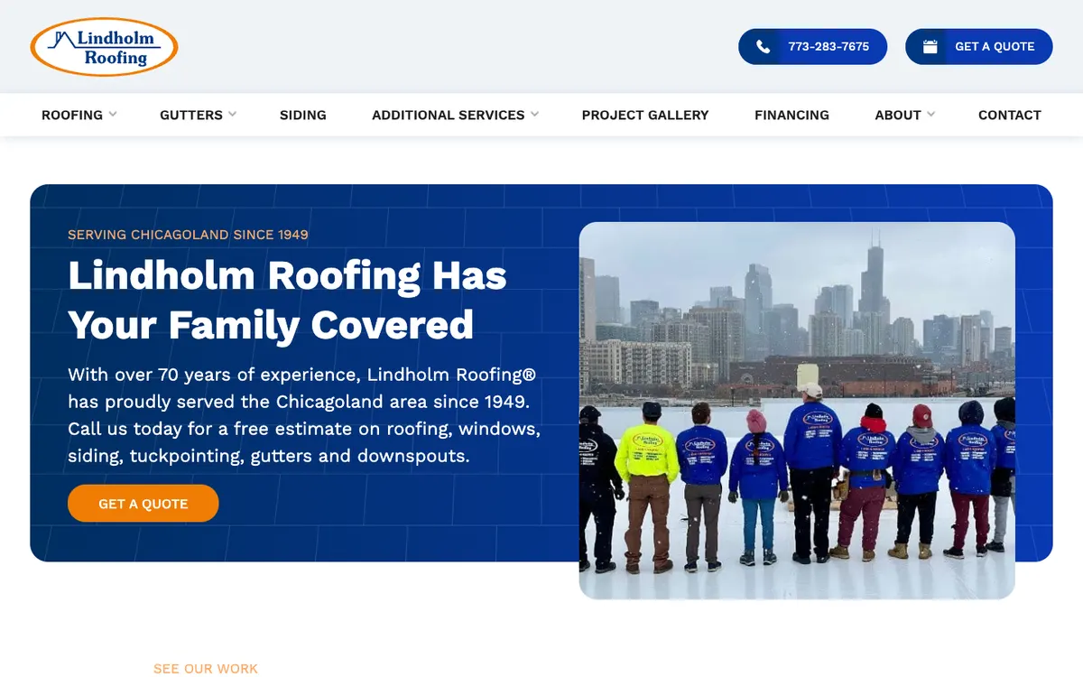 Homepage of Lindholm Roofing, Chicago, Illinois, above the fold on a desktop screen