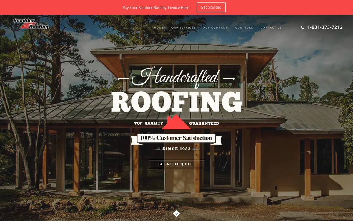 Homepage of Scudder Roofing Company, Marina, California, above the fold on a desktop screen