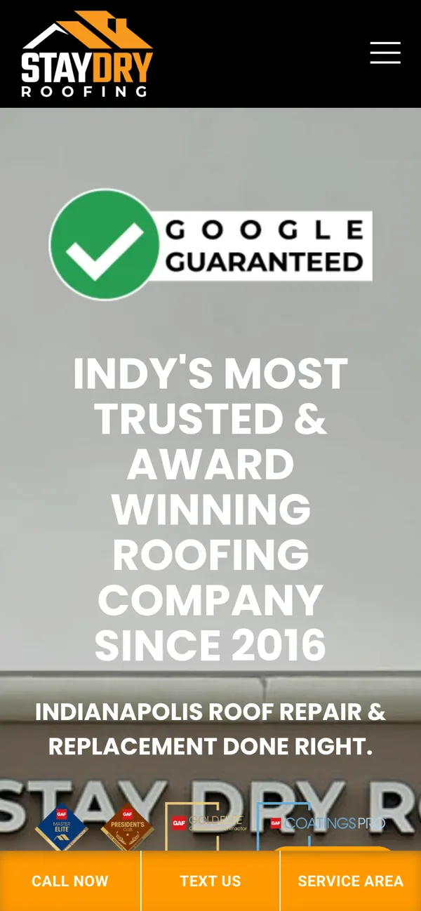 Homepage of Stay Dry Roofing, Indianapolis, Indiana, above the fold on a phone