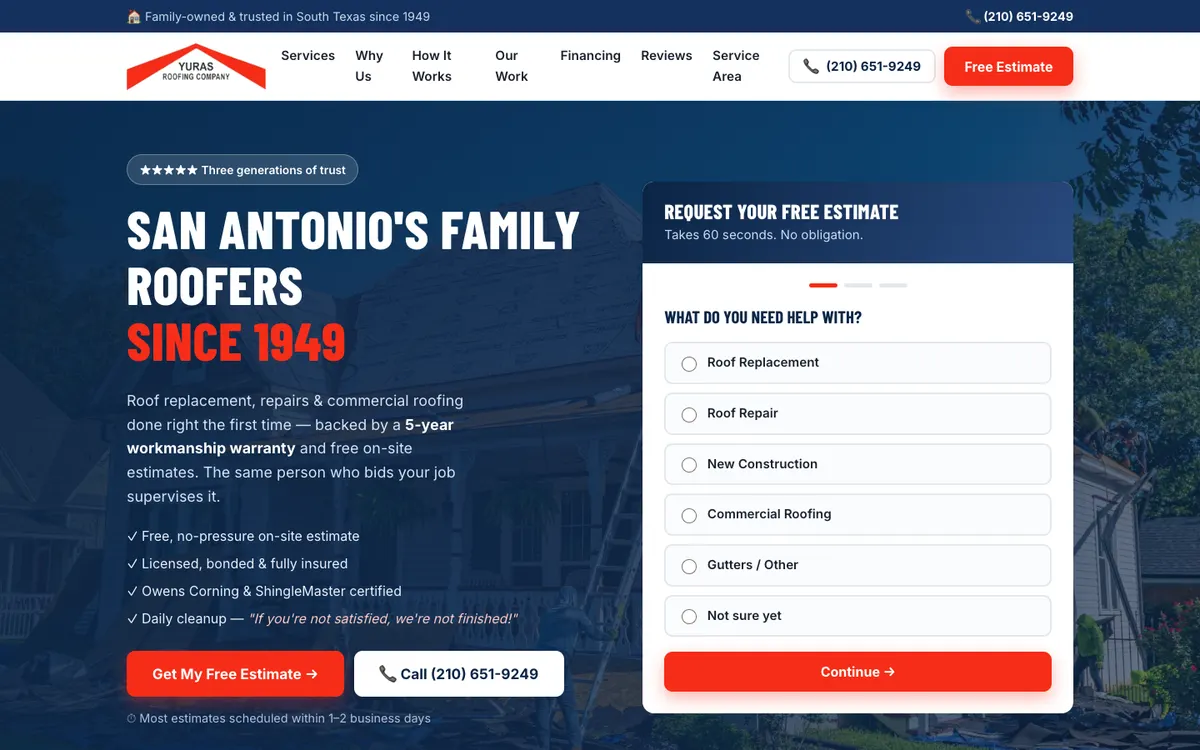 Homepage of Yuras Roofing Company, San Antonio, Texas, above the fold on a desktop screen